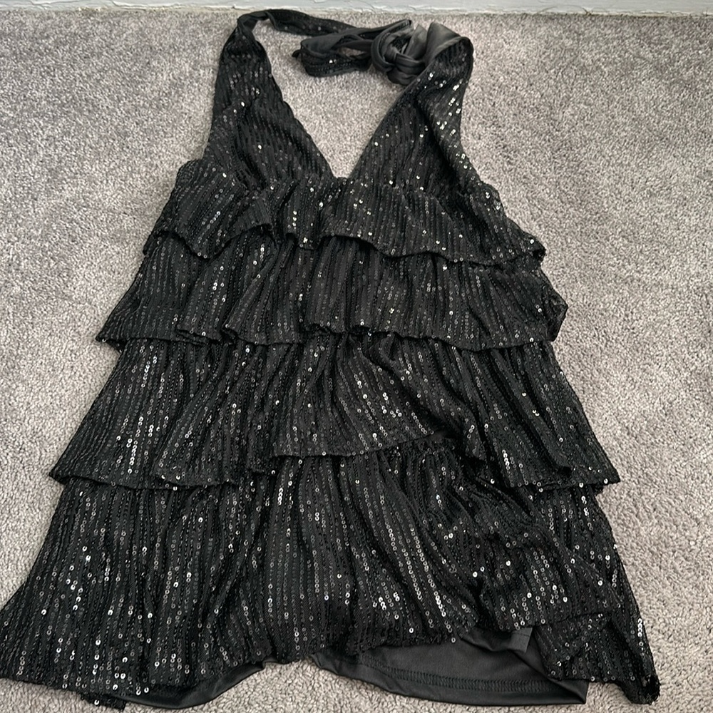 BLACK SEQUIN HALTER FLOWY MINI DRESS. SIZE SMALL